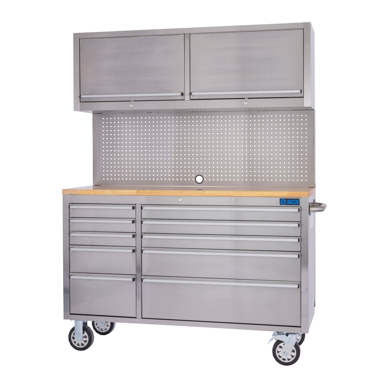SGS 55in 10 Drawer Stainless Steel Roller Work Bench with Pegboard and Upper Cabinets